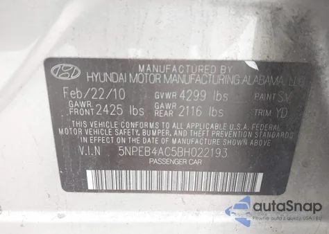 2011 Hyundai Sonata Gls z USA, uszkodzony, nr VIN 5NPEB4AC5BH022193